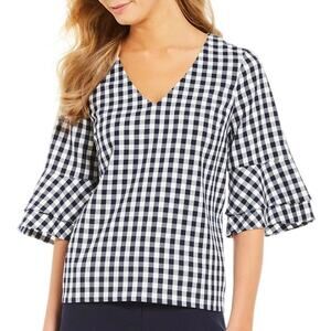 Draper James Nassau Navy White Gingham Ruffle Bell Sleeve Top Womens 8